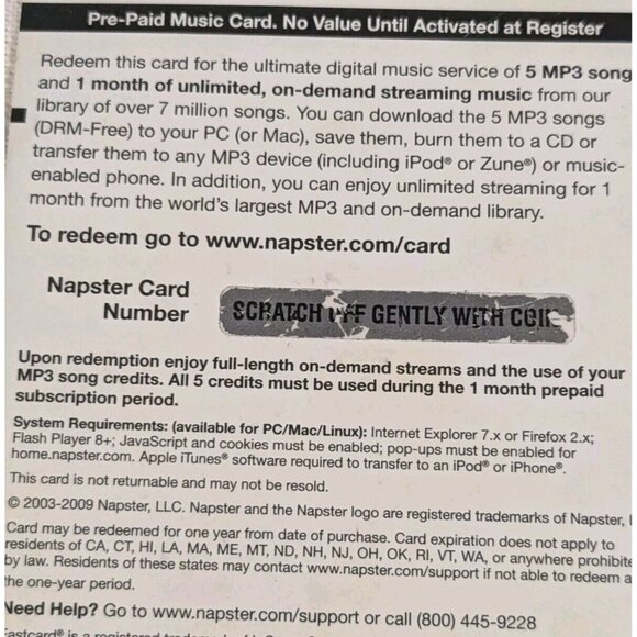 2009 Napster Music Card Download Streaming Best Buy Collectible No Value Green - Picture 4 of 9